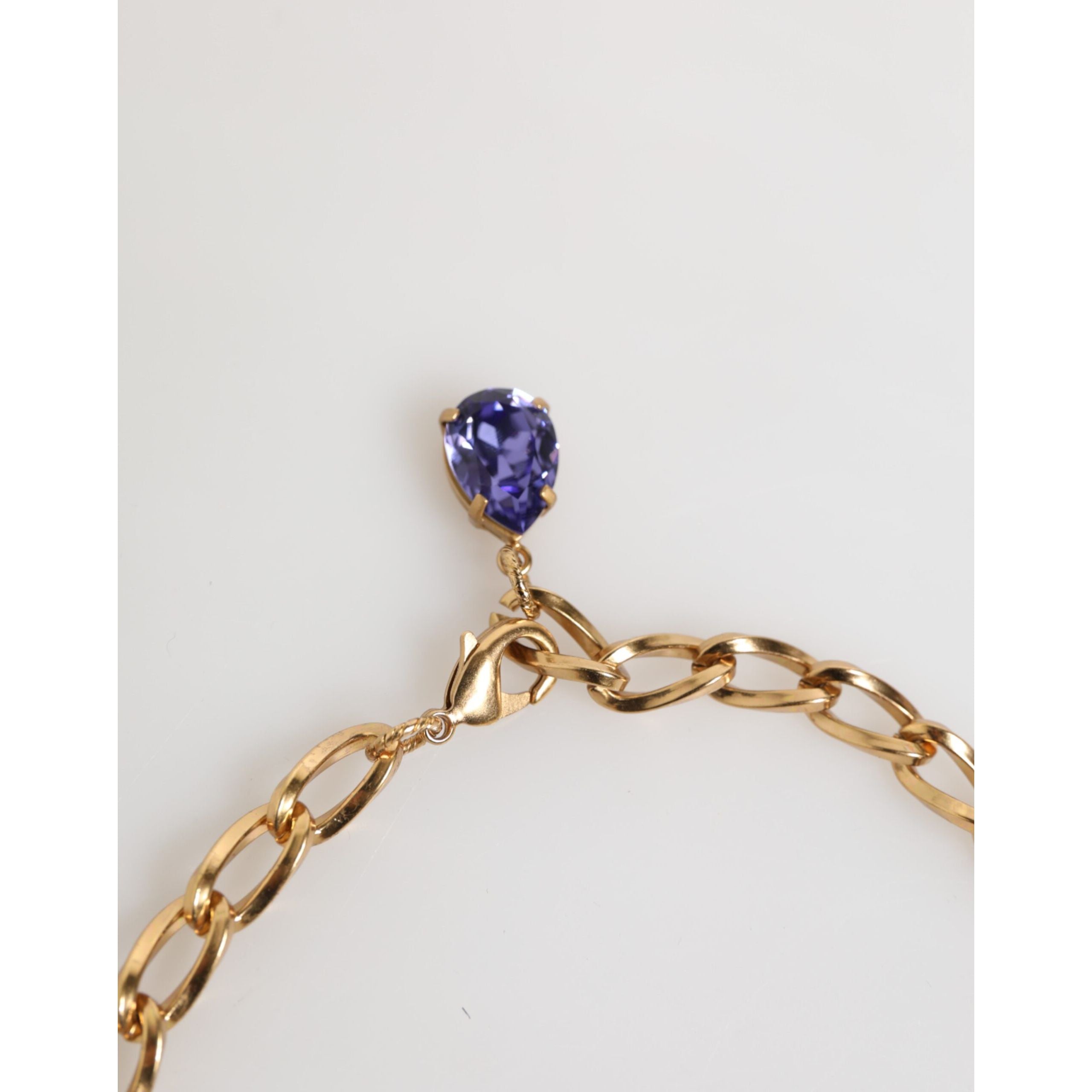 Collana con Pendente Floreale Dolce & Gabbana in Ottone Dorato, Cristalli e Perle Viola