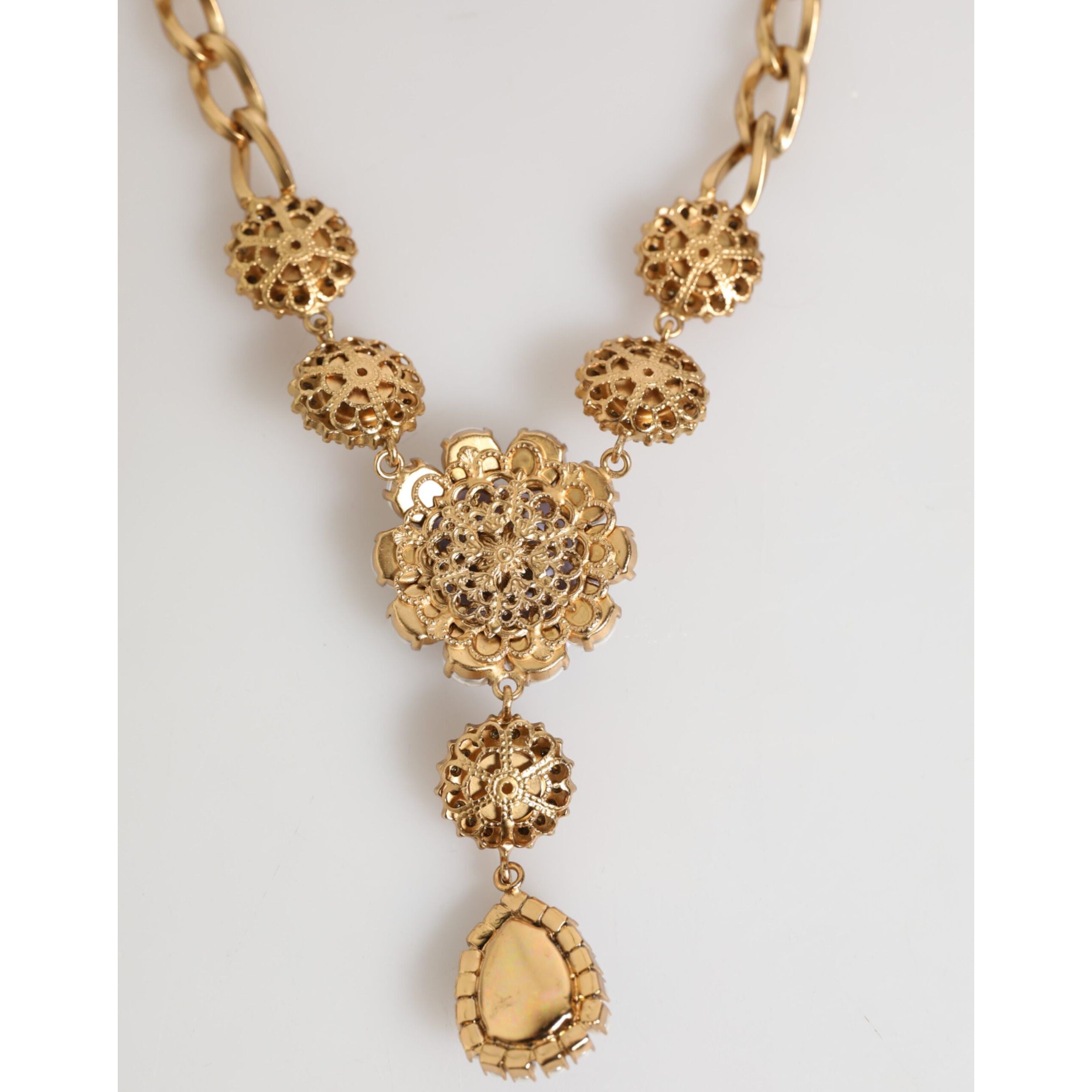 Collana con Pendente Floreale Dolce & Gabbana in Ottone Dorato, Cristalli e Perle Viola