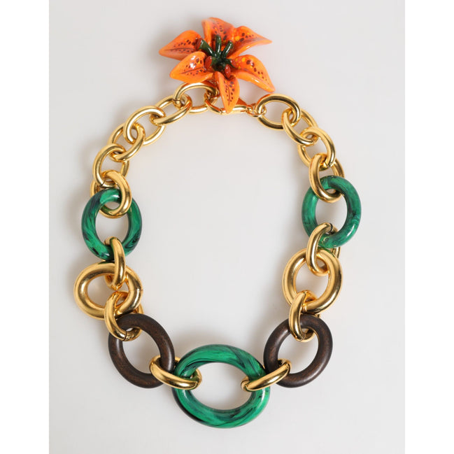 Collier Choker Fleur de Lis Tigrée Multicolore en Laiton Doré Dolce & Gabbana