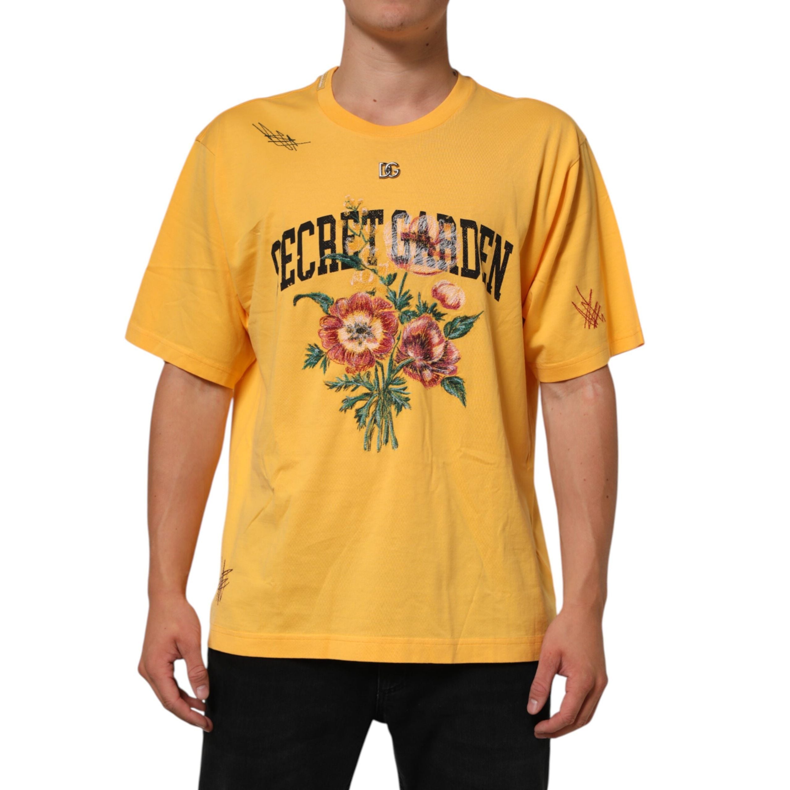 T-shirt girocollo Dolce & Gabbana in cotone a fantasia floreale Secret Garden gialla