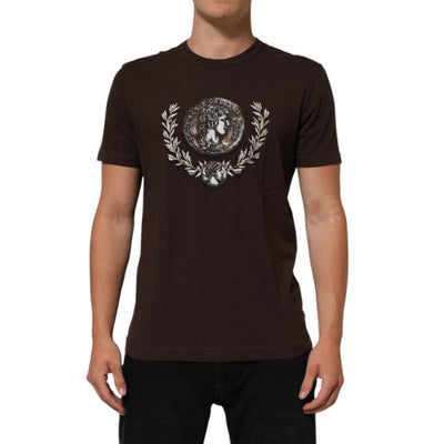 T-shirt girocollo da uomo Dolce & Gabbana marrone con stampa alloro e moneta