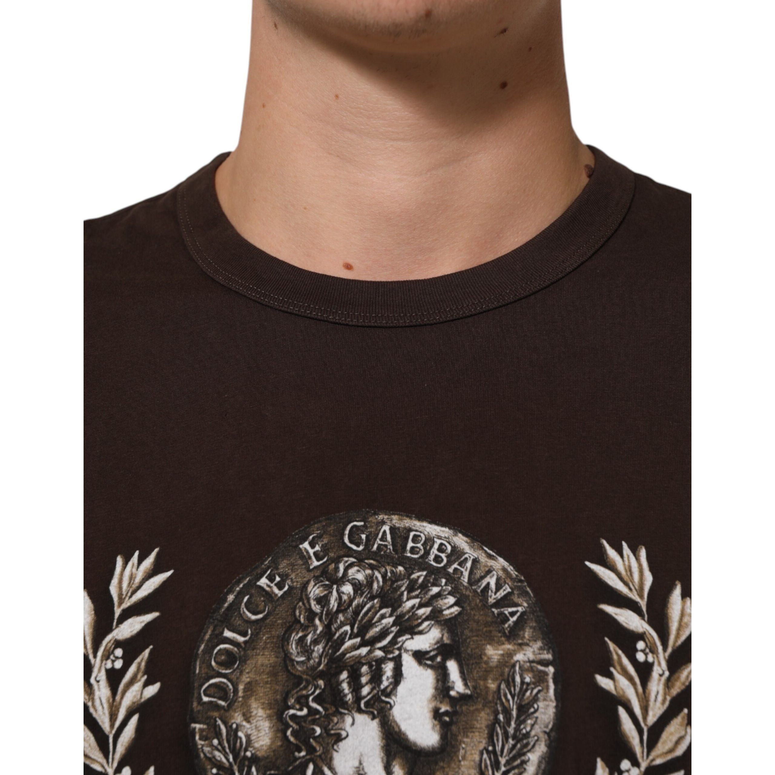 Dolce & Gabbana Brown Coin Laurel Print Crew Neck T-shirt