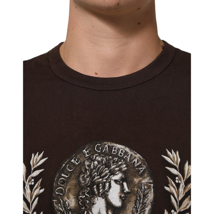 Dolce & Gabbana Brown Coin Laurel Print Crew Neck T-shirt