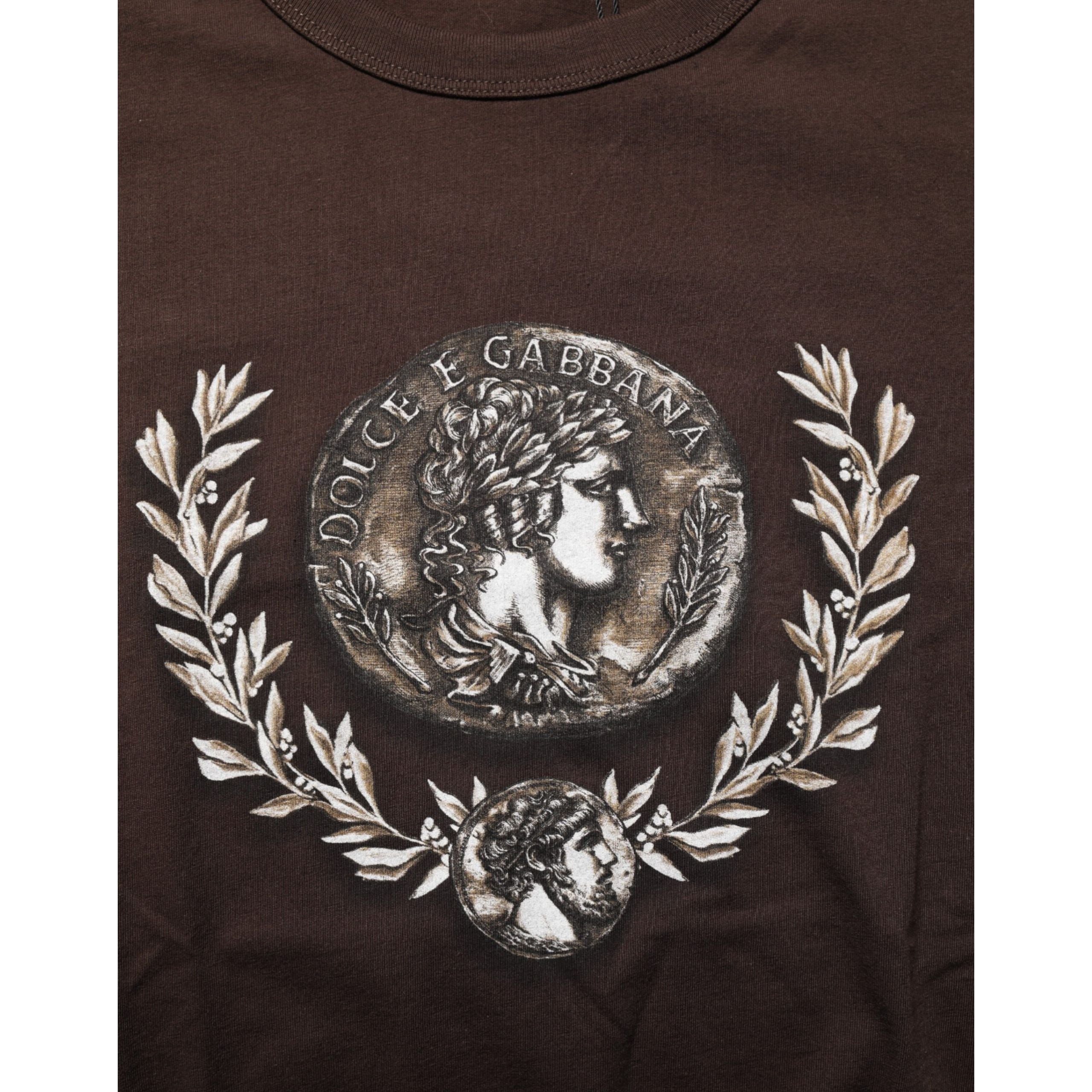 Dolce & Gabbana Brown Coin Laurel Print Crew Neck T-shirt