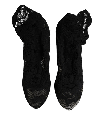 Dolce & Gabbana Black Lace Mid-Calf Heeled Boots