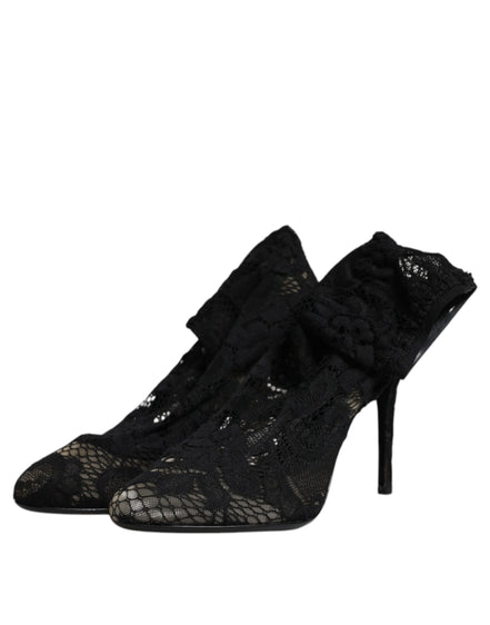 Dolce & Gabbana Black Lace Mid-Calf Heeled Boots
