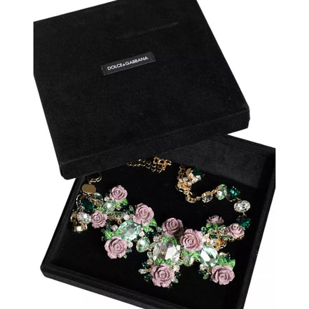 Collana Dolce & Gabbana in ottone dorato con catena a maglie e petali di rosa in cristallo