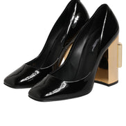 Dolce & Gabbana Black Gold Patent Leather Logo Heels