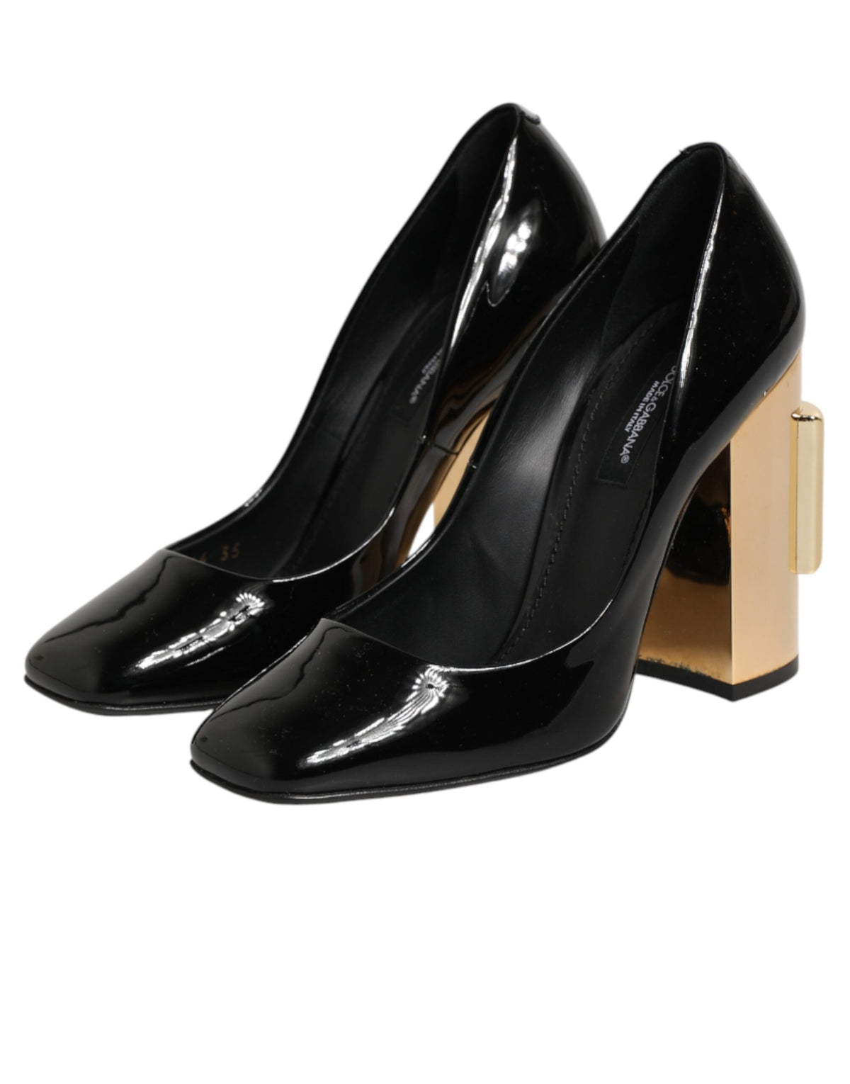 Dolce & Gabbana Black Gold Patent Leather Logo Heels