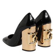 Dolce & Gabbana Black Gold Patent Leather Logo Heels