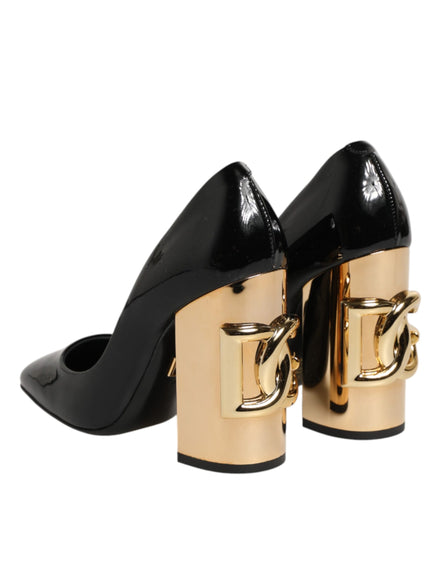 Dolce & Gabbana Black Gold Patent Leather Logo Heels