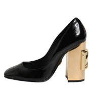 Dolce & Gabbana Black Gold Patent Leather Logo Heels