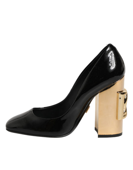 Dolce & Gabbana Black Gold Patent Leather Logo Heels