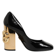 Dolce & Gabbana Black Gold Patent Leather Logo Heels
