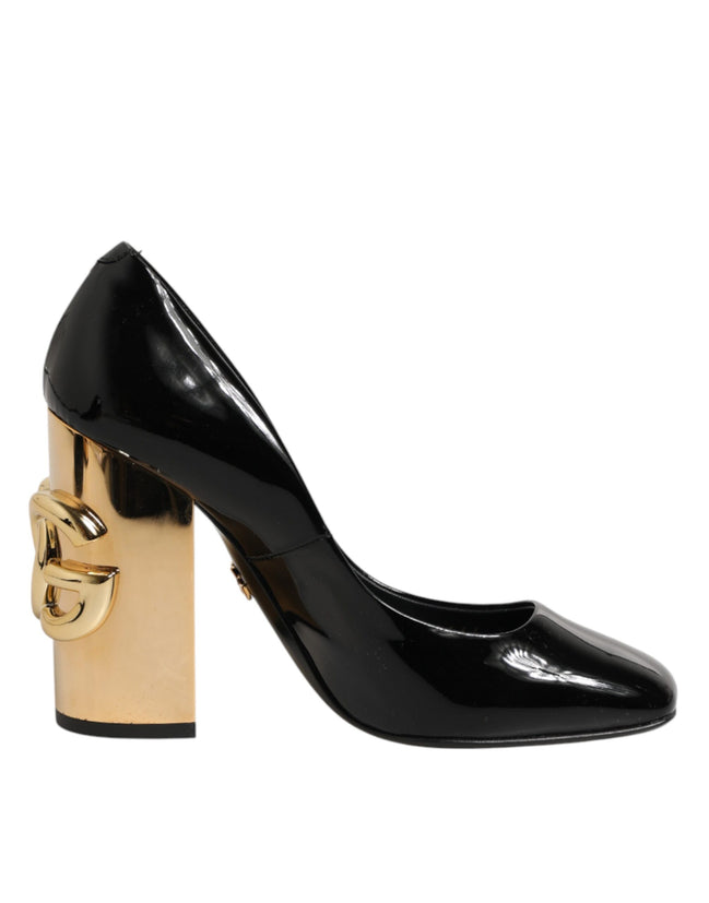 Dolce & Gabbana Black Gold Patent Leather Logo Heels