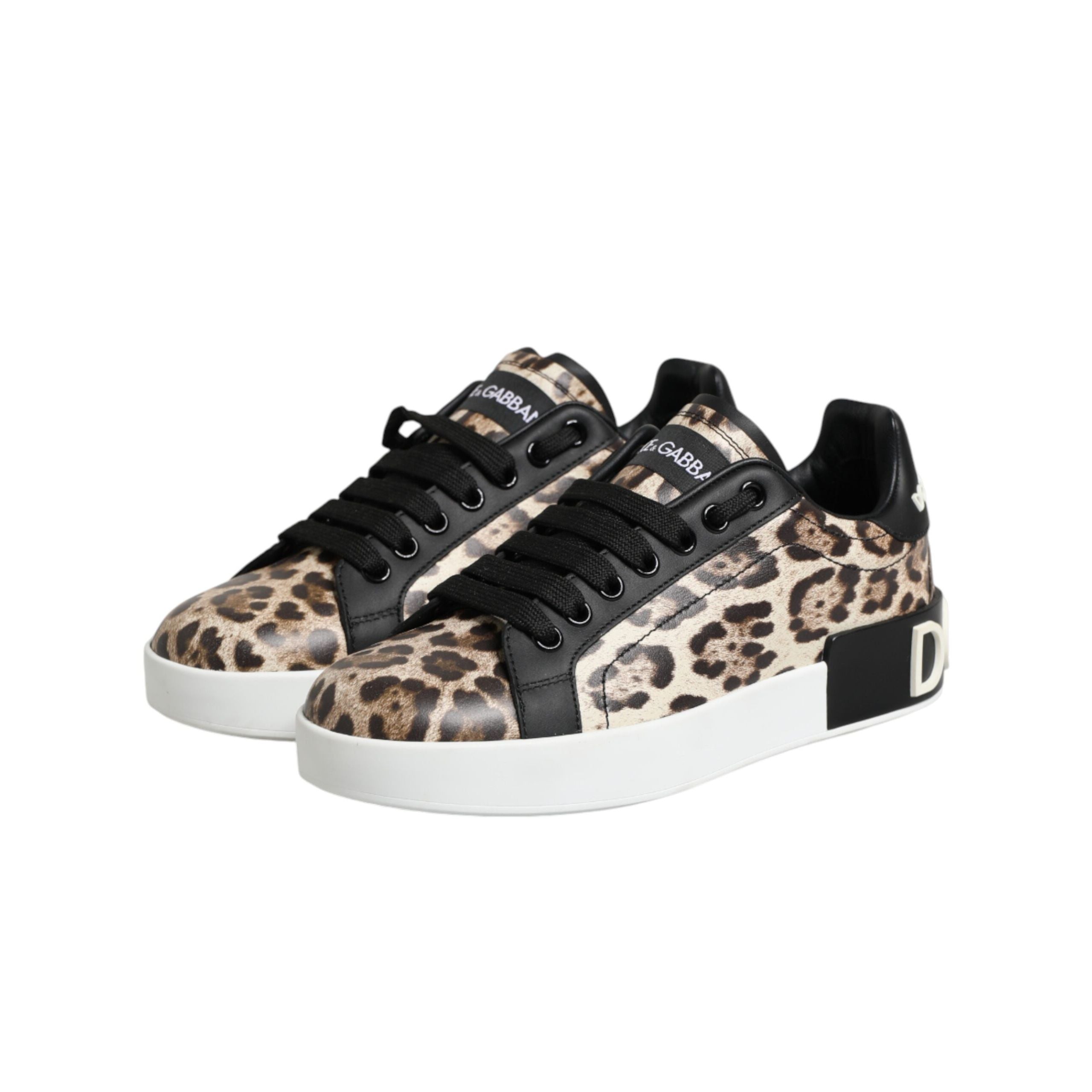 Dolce & Gabbana Brown Leather Leopard Low Top Sneakers