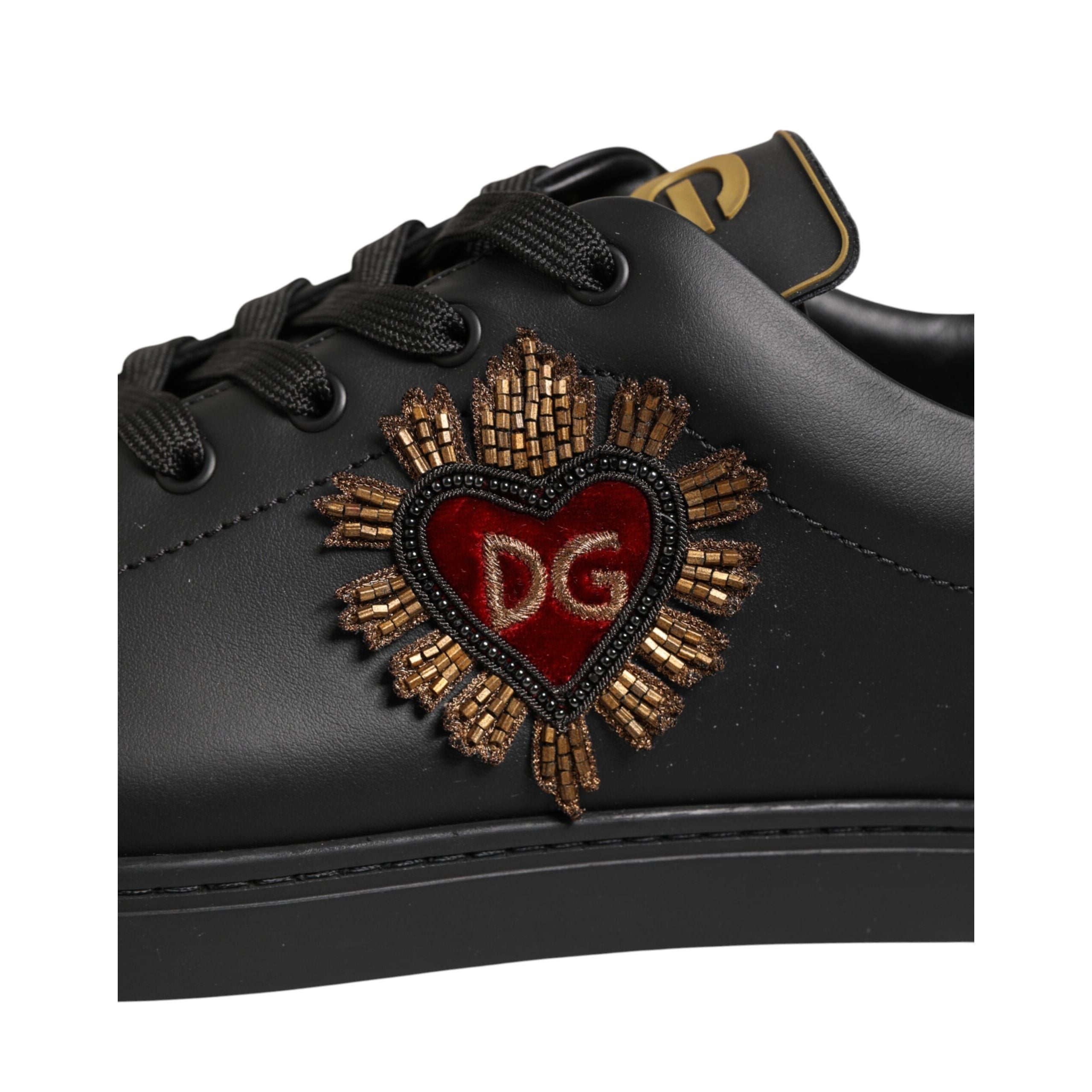 Dolce & Gabbana Black Leather Heart Embellished Sneakers