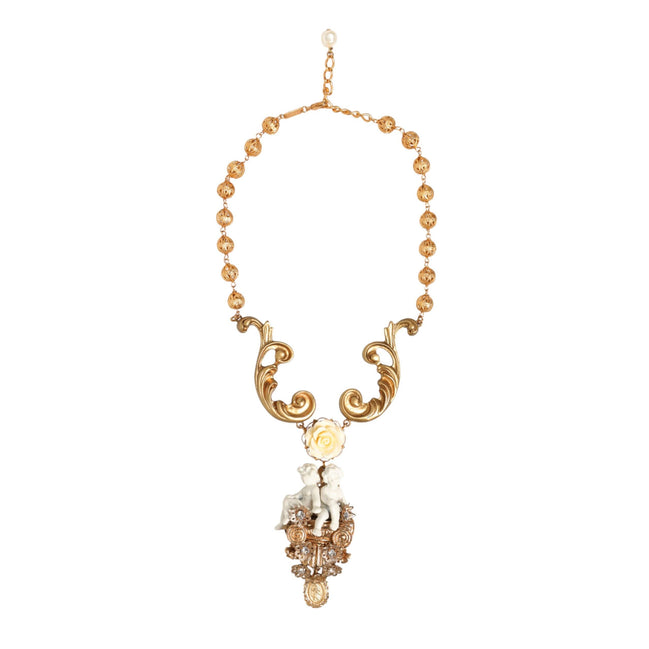 Collana pendente barocca Dolce & Gabbana con cherubino in ceramica dorata e cristallo