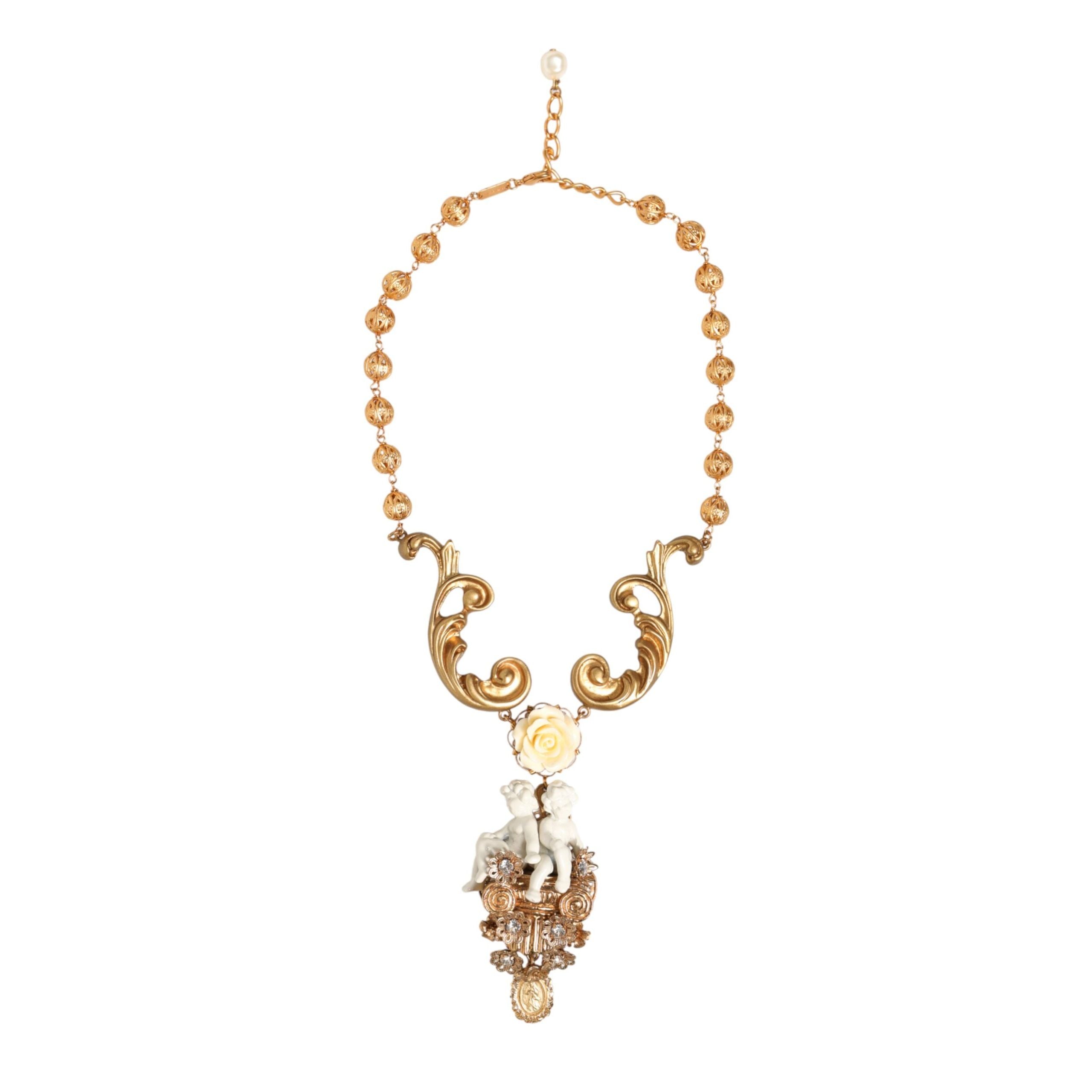Collana pendente barocca Dolce & Gabbana con cherubino in ceramica dorata e cristallo