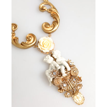 Collana pendente barocca Dolce & Gabbana con cherubino in ceramica dorata e cristallo