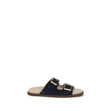 Brunello Cucinelli Blue Calf Leather Flat Sandals