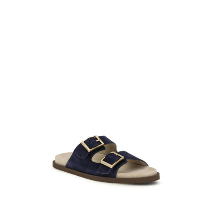 Brunello Cucinelli Blue Calf Leather Flat Sandals