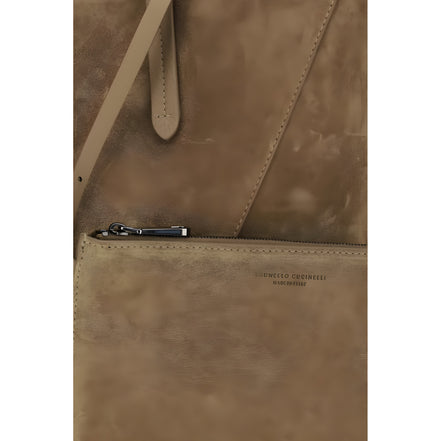 Sac porté épaule Brunello Cucinelli en cuir de veau beige Bos Taurus
