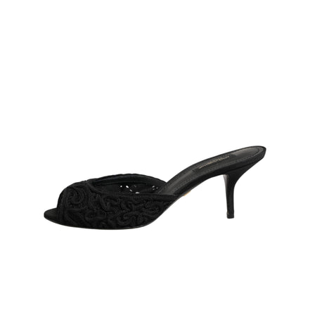 Dolce & Gabbana Black Embroidered Slip-On Heel Slides