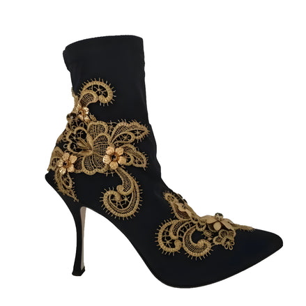 Dolce & Gabbana Black Gold Embroidered Crystal Boots