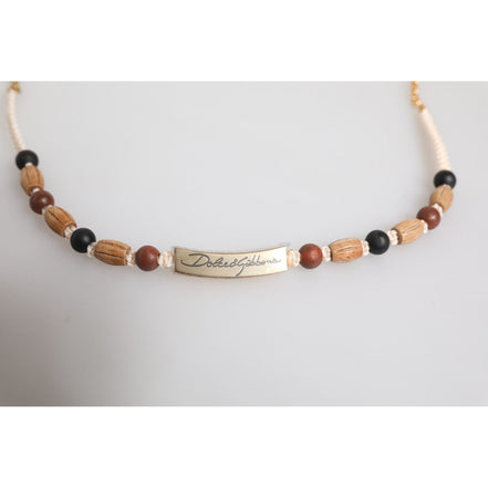 Collier pendentif Dolce & Gabbana perles de bois noires et dorées avec logo