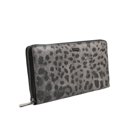 Dolce & Gabbana Black Grey Leopard Leather Zip Around Continental Wallet