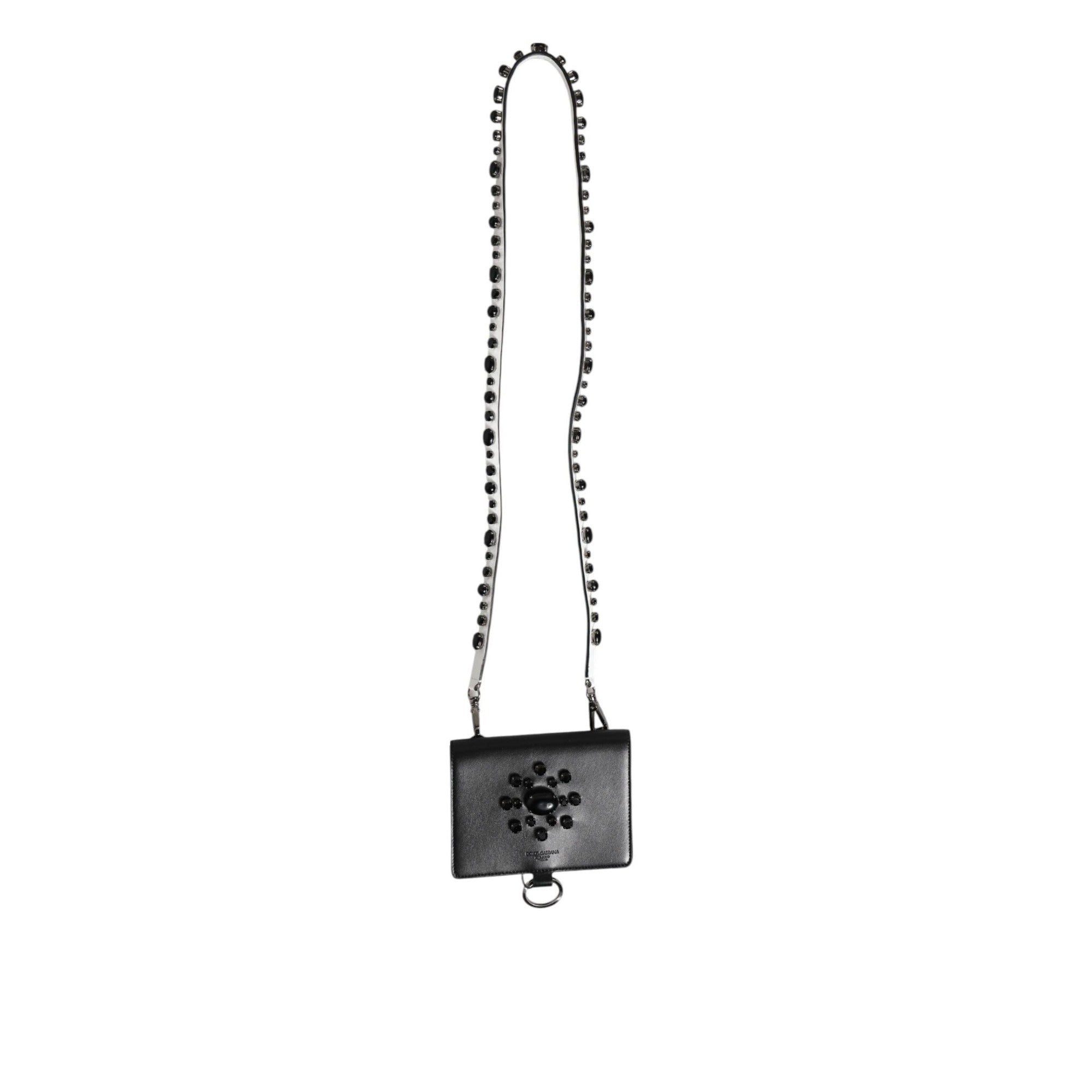 Dolce & Gabbana Black Leather Crystal Embellished Card Holder Wallet