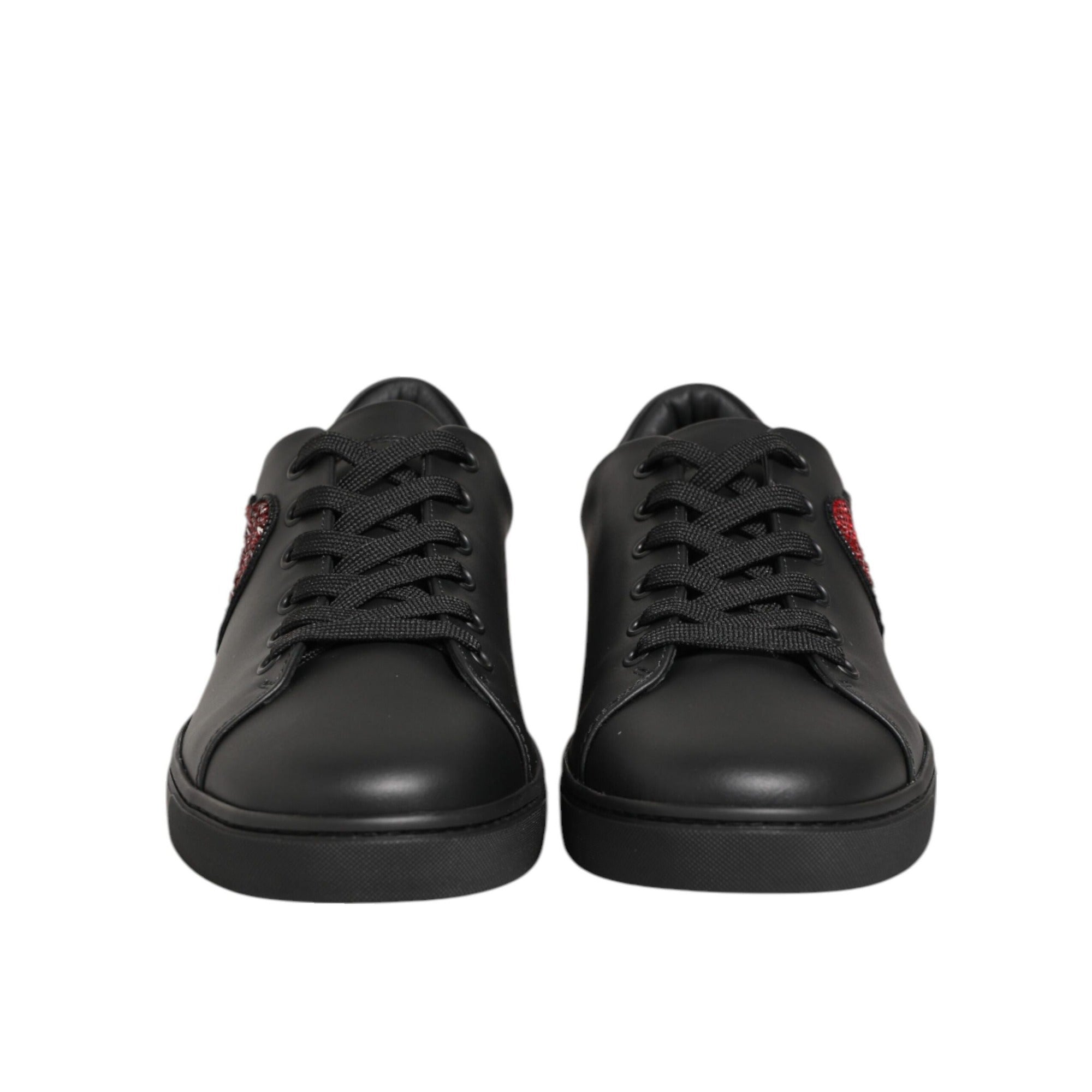 Dolce & Gabbana Black Leather Crystal Heart Sneakers