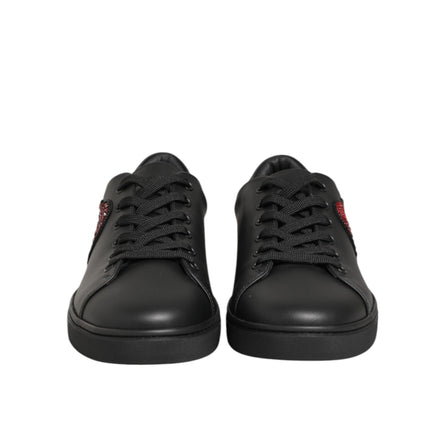 Dolce & Gabbana Black Leather Crystal Heart Sneakers