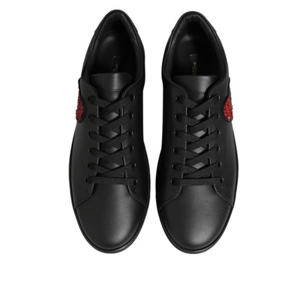 Dolce & Gabbana Black Leather Crystal Heart Sneakers