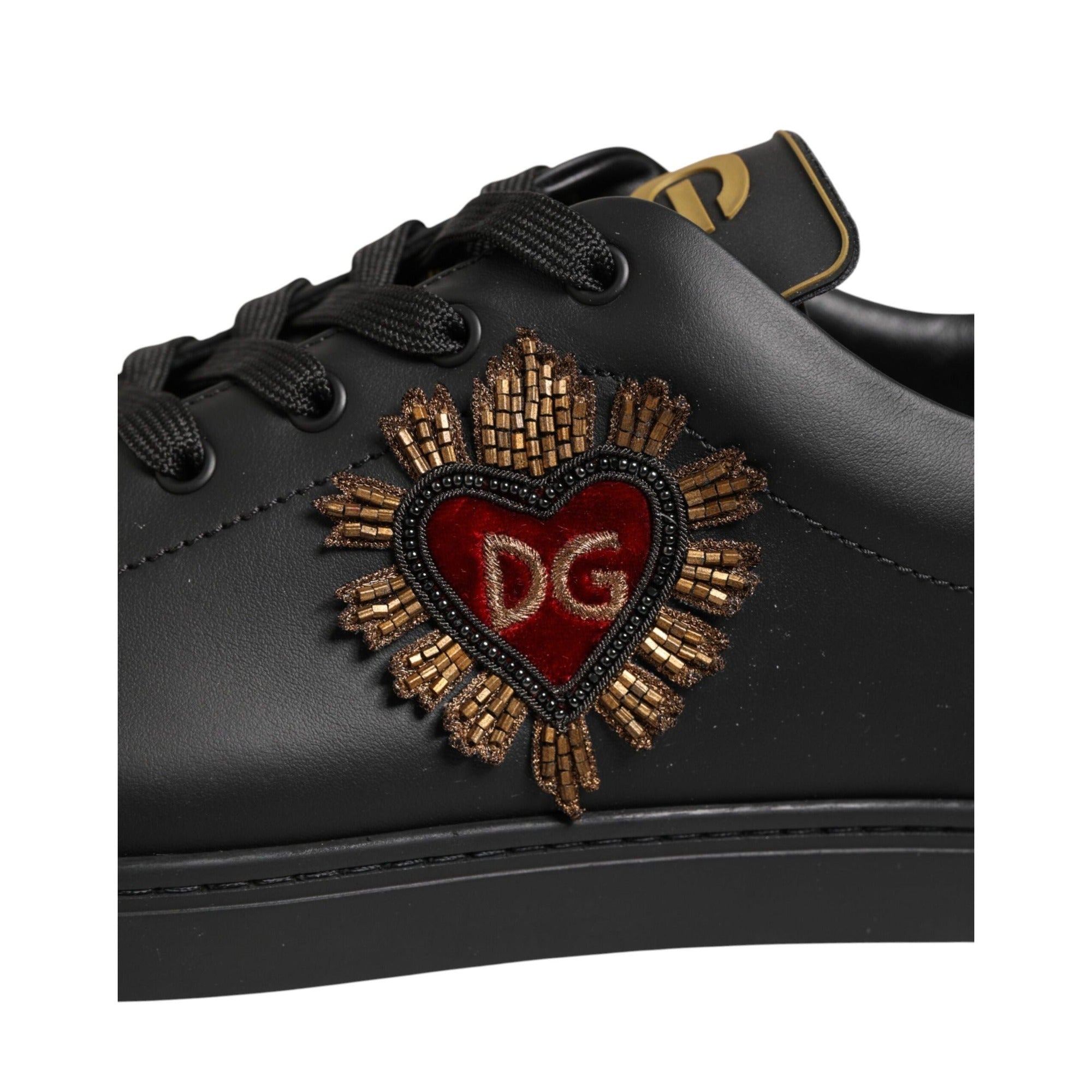 Dolce & Gabbana Black Leather Heart Embellished Sneakers