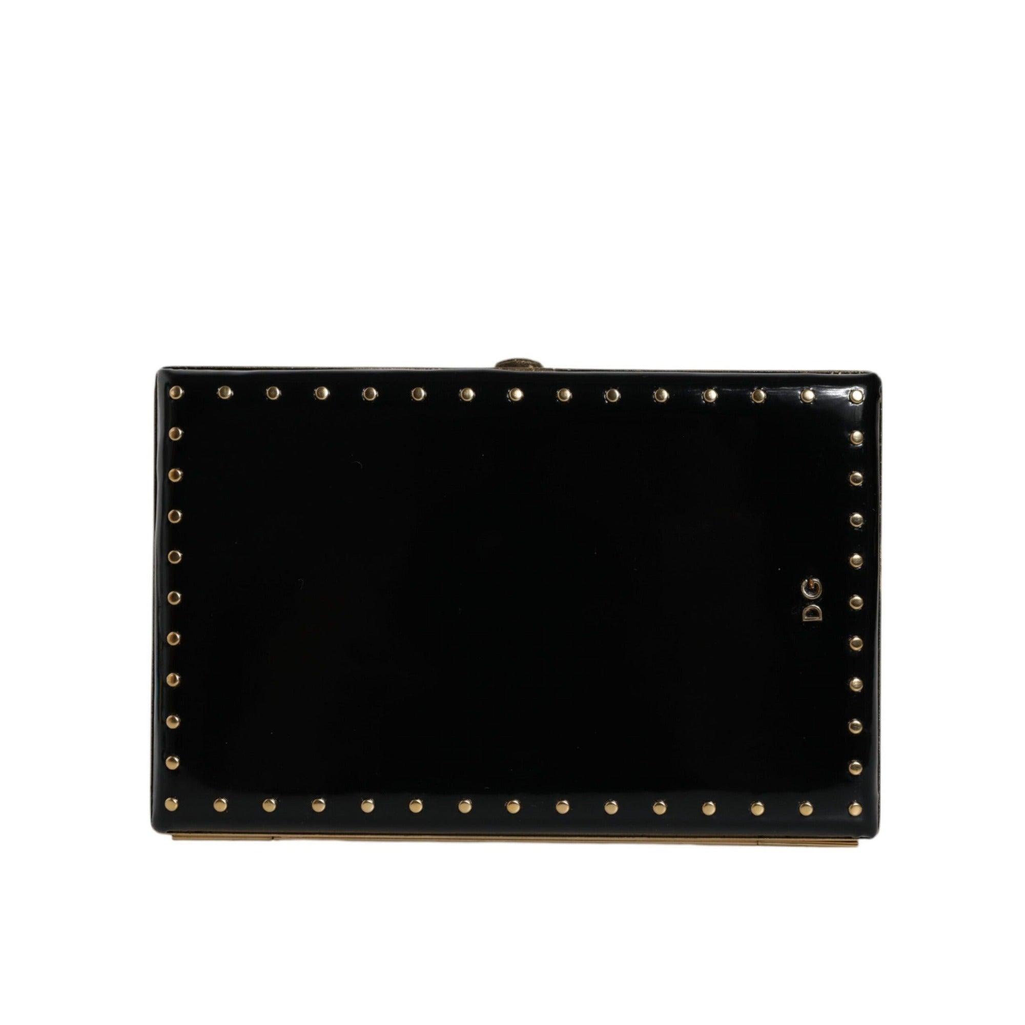 Dolce & Gabbana Black Leather Studded Gold Frame Evening Clutch