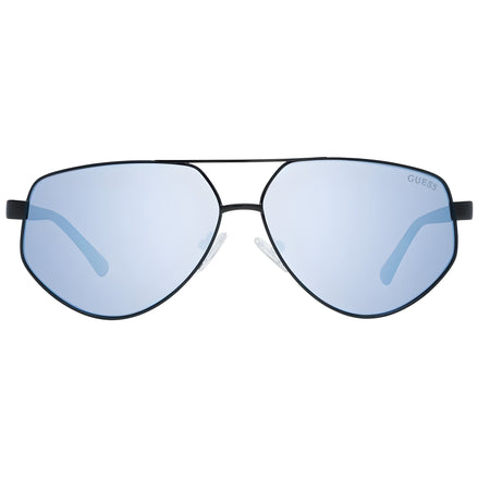 Aviator sunglasses with light blue mirrored lenses and thin black metal frame.
