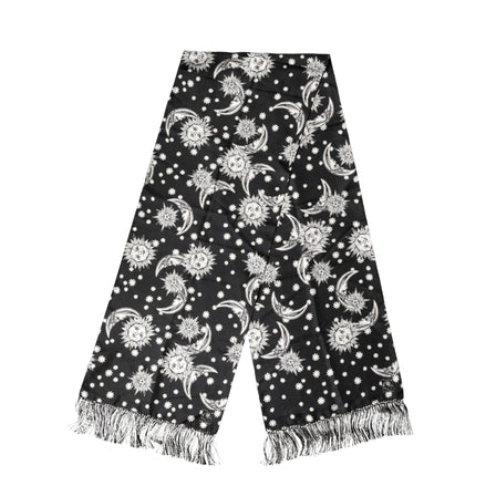 Écharpe Dolce & Gabbana en soie noire, motifs soleil, lune et étoiles, à franges, 178 cm x 33 cm