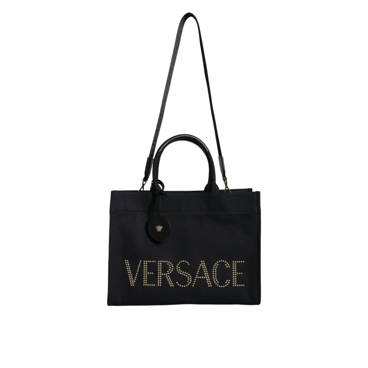 Sac fourre-tout à bandoulière en toile et cuir noir avec logo Versace