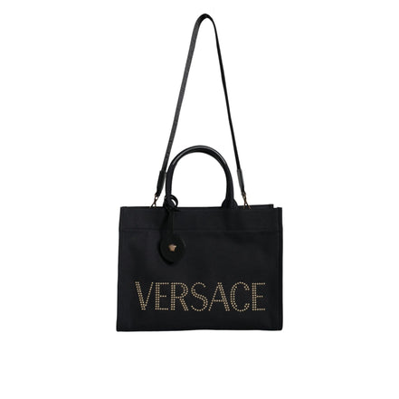 Sac fourre-tout à bandoulière en toile et cuir noir avec logo Versace
