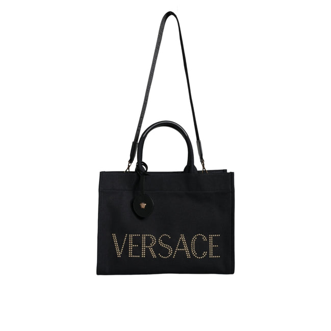 Sac fourre-tout à bandoulière en toile et cuir noir avec logo Versace