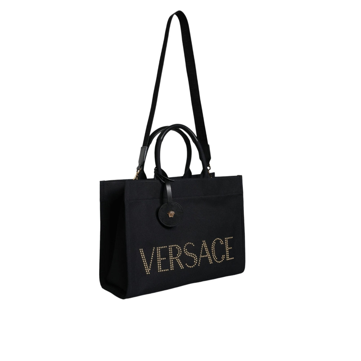 Sac fourre-tout à bandoulière en toile et cuir noir avec logo Versace