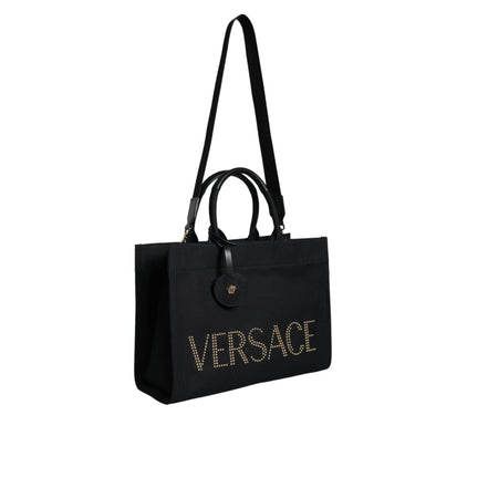 Sac fourre-tout à bandoulière en toile et cuir noir avec logo Versace