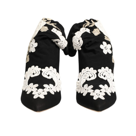 Dolce & Gabbana Black White Embroidered Jersey Stiletto Boots