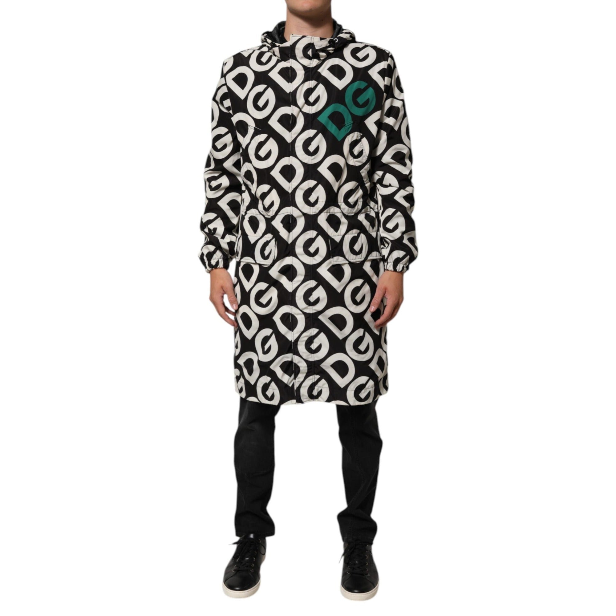 Dolce & Gabbana Manteau à Capuche Imprimé Logo Noir Blanc Homme