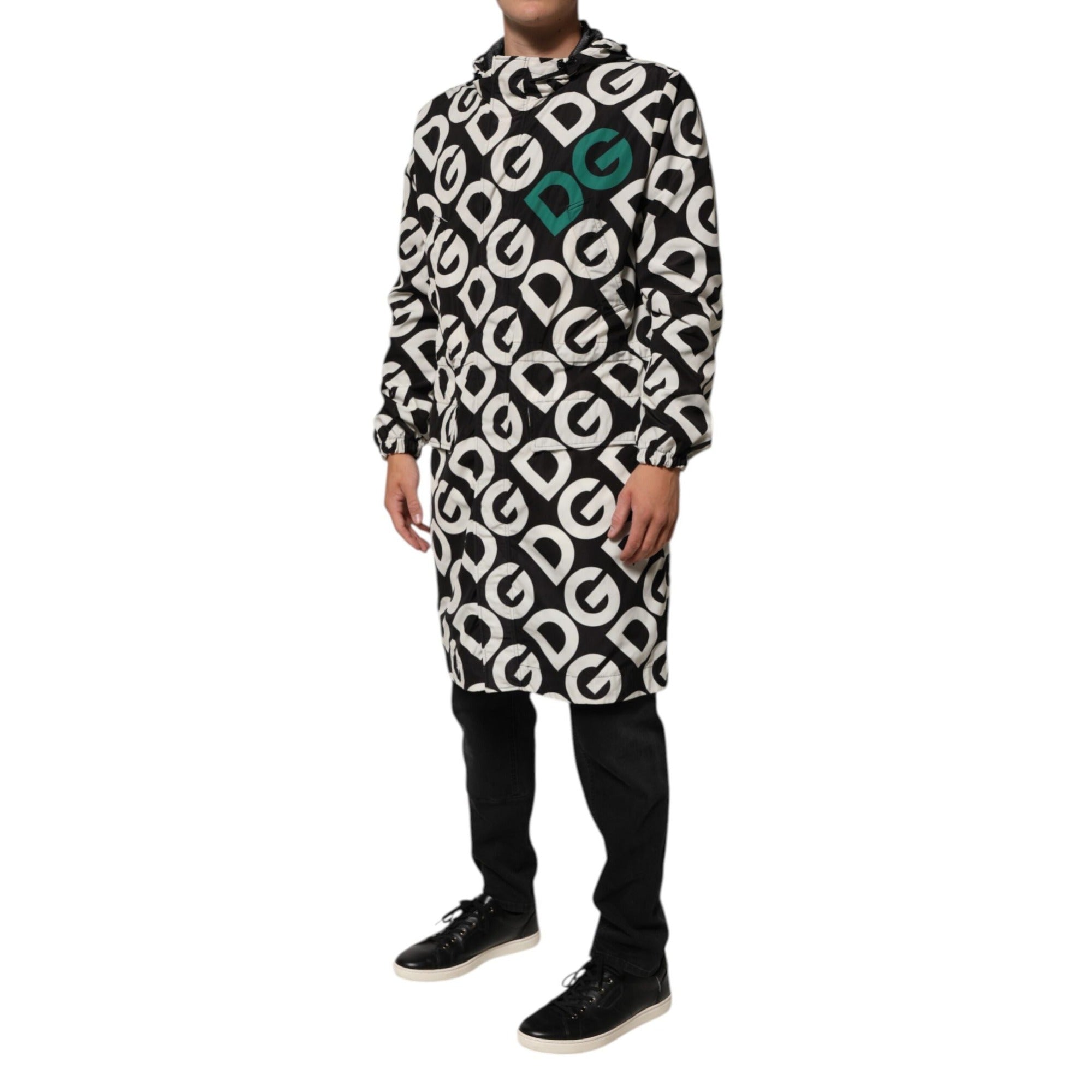 Dolce & Gabbana Manteau à Capuche Imprimé Logo Noir Blanc Homme