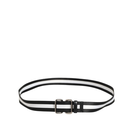 Dolce & Gabbana Black White Striped Logo Buckle Belt