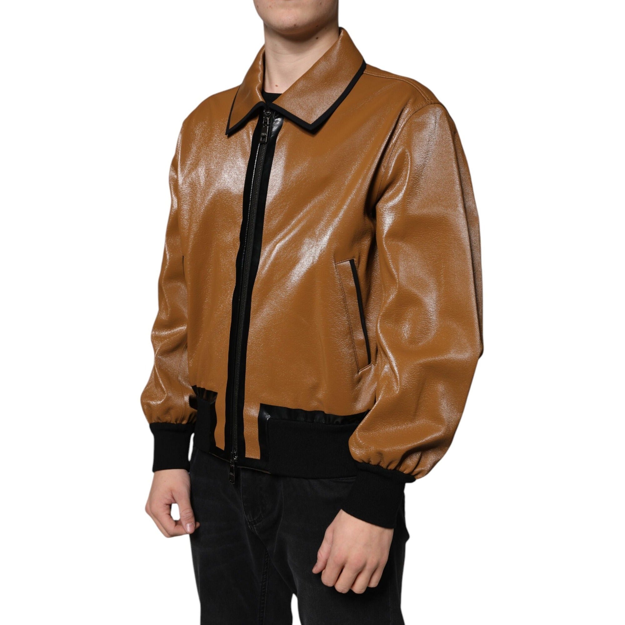 Dolce & Gabbana Brown Leather Full Zip Bomber Jacket