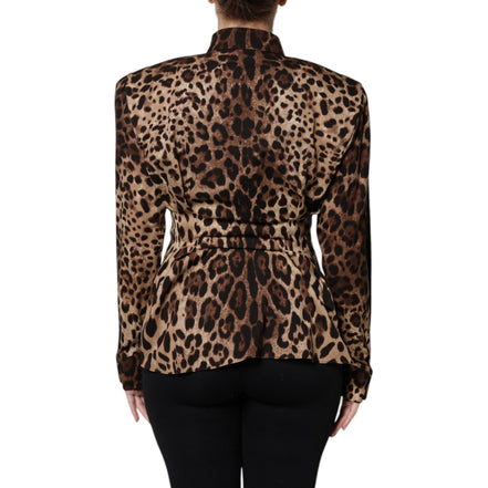 Veste Manteau Boutonné en Soie Léopard Marron Dolce & Gabbana
